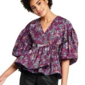 T111 Kika Vargas Size Small Purple Scallop Edge Wrap Top